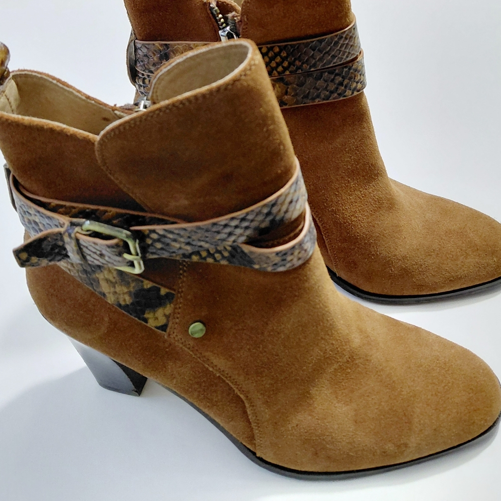 DONALD PLINER Women's Oli Brown Suede Ankle Boots with Snake Print Strap Size 8M